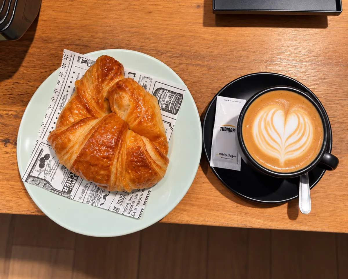 Croissant sobre plato verde agua junto a un café con leche con corazón de latte art.