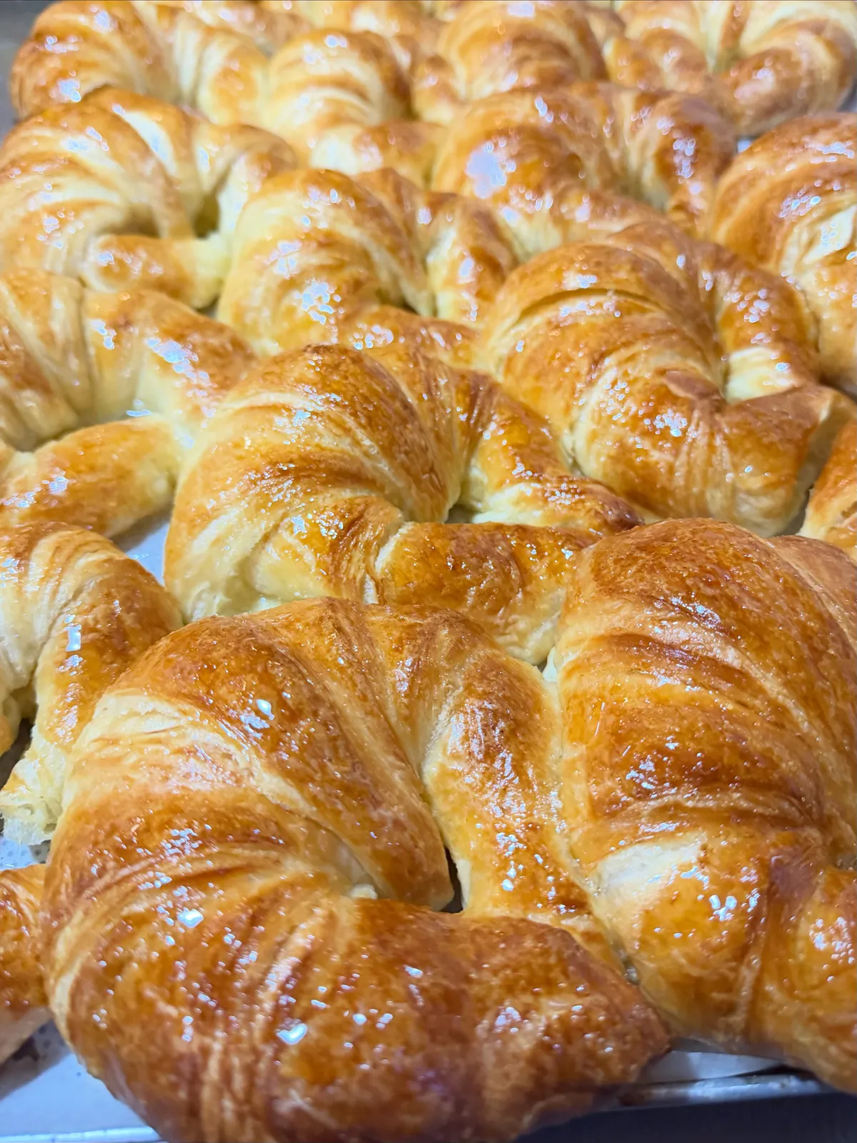 Bandeja de croissants recién horneados del obrador de FORNO.